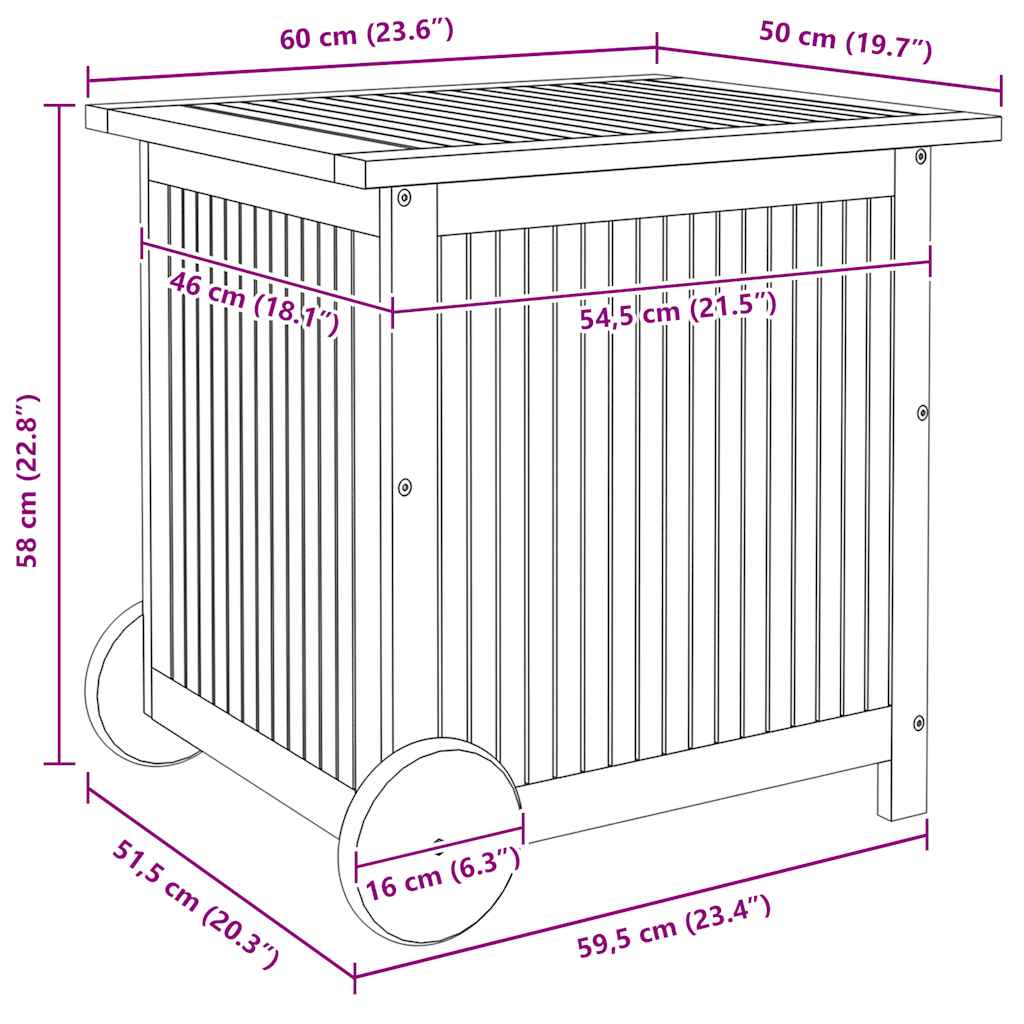 Caixa arrumação jardim c/rodas 60x50x58cm madeira acácia maciça