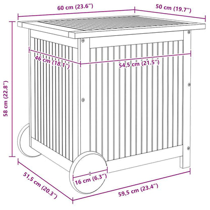 Caixa arrumação jardim c/rodas 60x50x58cm madeira acácia maciça