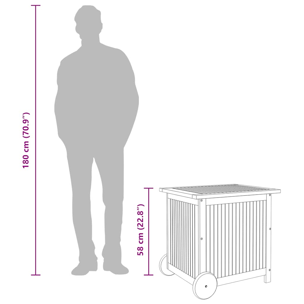 Caixa arrumação jardim c/rodas 60x50x58cm madeira acácia maciça