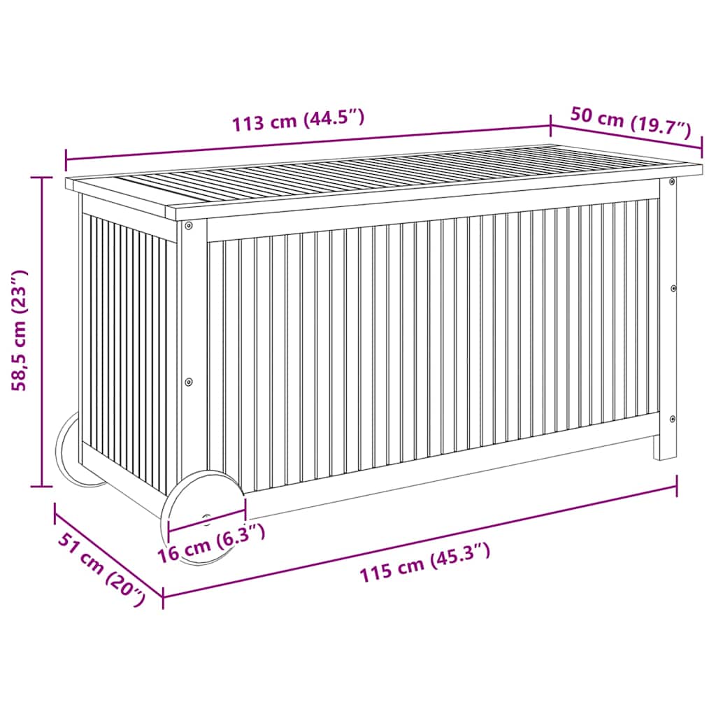 Caixa de arrumação p/ jardim c/ rodas 113x50x58cm acácia maciça