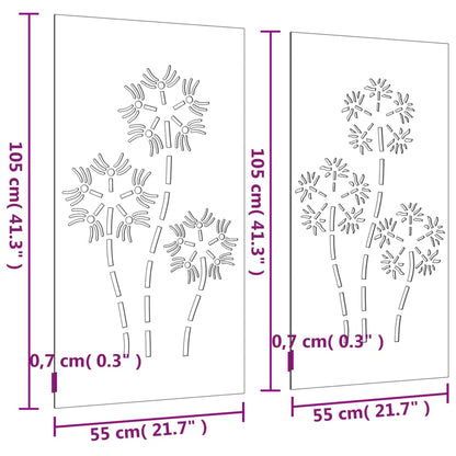 Decorações p/ muro de jardim 2 pcs aço corten design flores