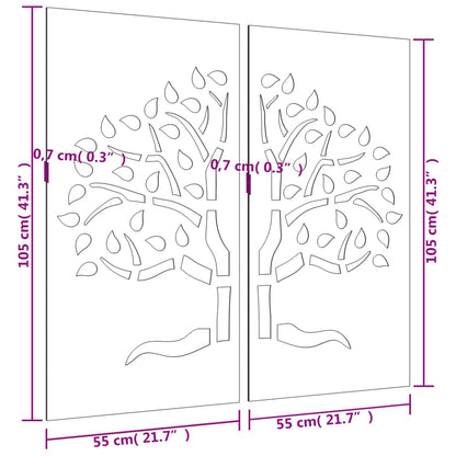 Decoração muro de jardim 2pcs 105x55cm aço corten design árvore