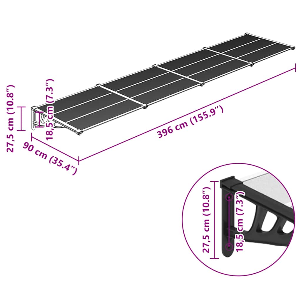 Toldo para porta 396x90 cm policarbonato preto/transparente