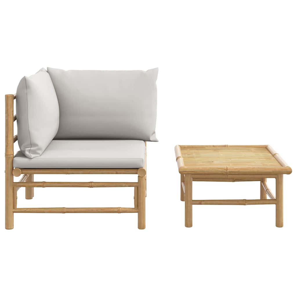 2 pcs conj. lounge de jardim bambu c/ almofadões cinzento-claro