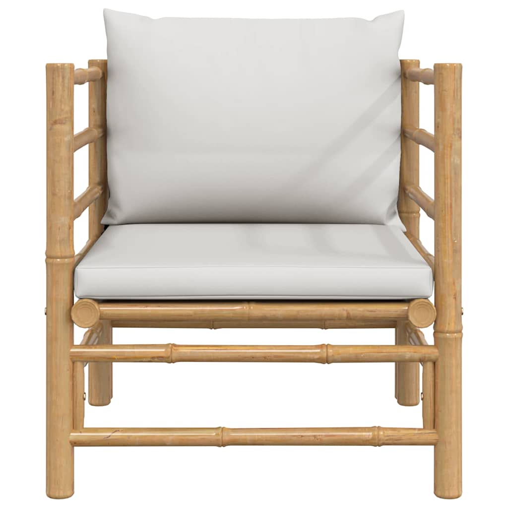Sofá de jardim bambu com almofadões cinzento-claro