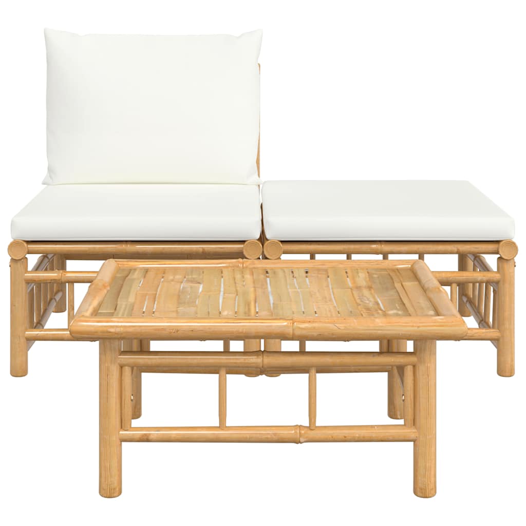 3 pcs conjunto lounge de jardim bambu c/ almofadões branco nata