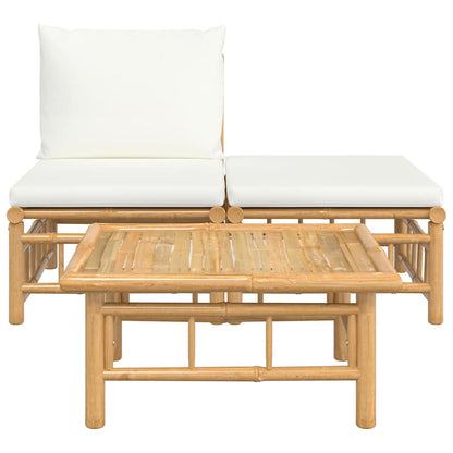 3 pcs conjunto lounge de jardim bambu c/ almofadões branco nata