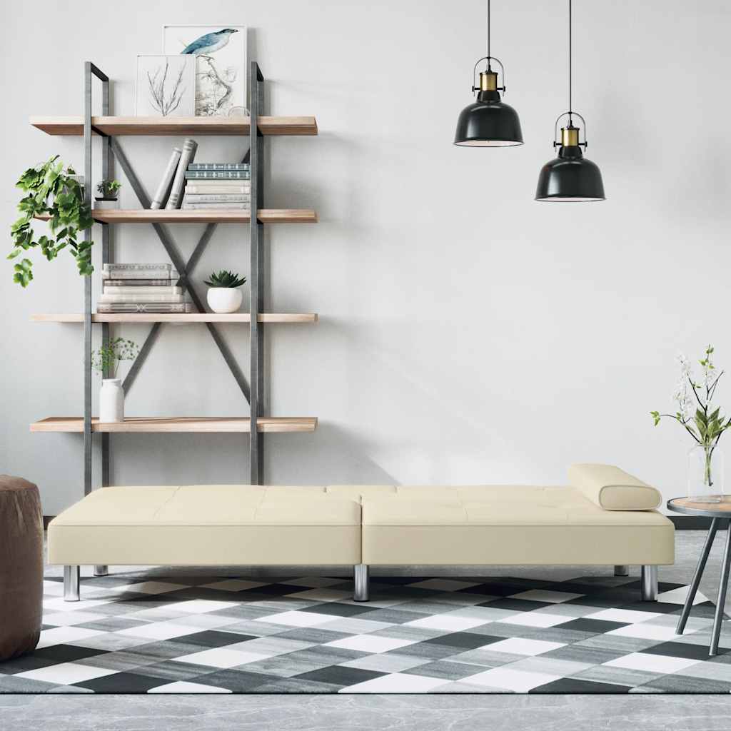 Sofá-cama com suporte para copos couro artificial cor creme