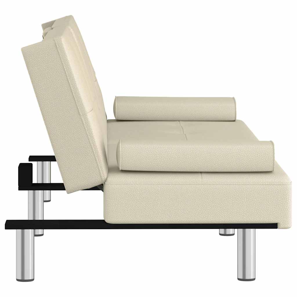 Sofá-cama com suporte para copos couro artificial cor creme