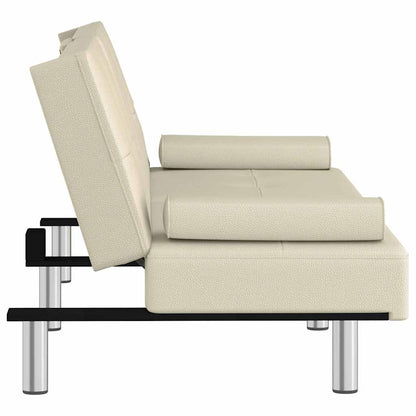 Sofá-cama com suporte para copos couro artificial cor creme