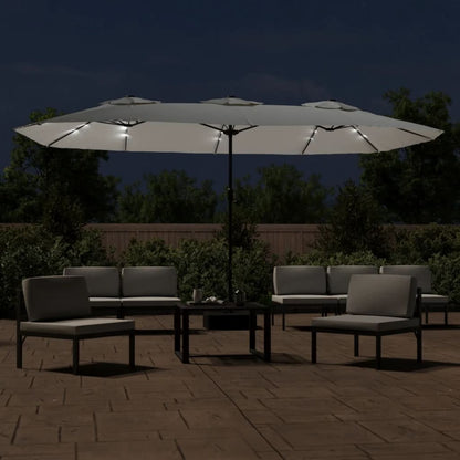 Guarda-sol de jardim c/ cabeça dupla/LED 449x265cm branco areia