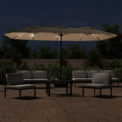 Guarda-sol de jardim cabeça dupla/LED 449x265cm cinza-acastanho