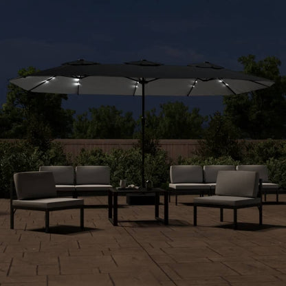 Guarda-sol de jardim c/ cabeça dupla/luzes LED 449x265 cm preto