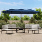 Guarda-sol com cabeça dupla e luzes LED 449x265 cm azul-ciano