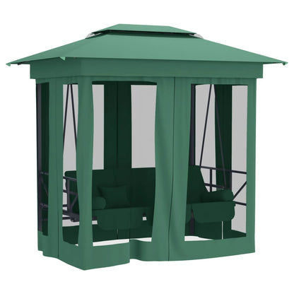 Gazebo de jardim c/ banco baloiço conversível tecido/aço verde