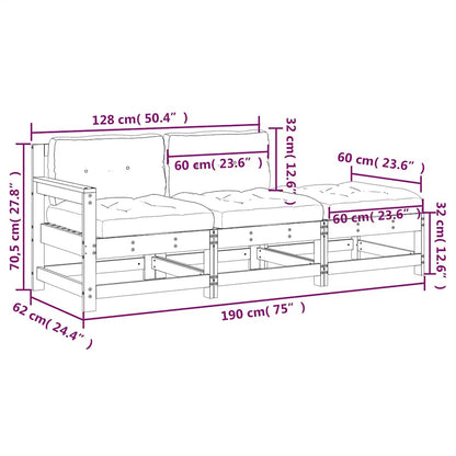 3 pcs conjunto lounge jardim c/ almofadões madeira maciça preto