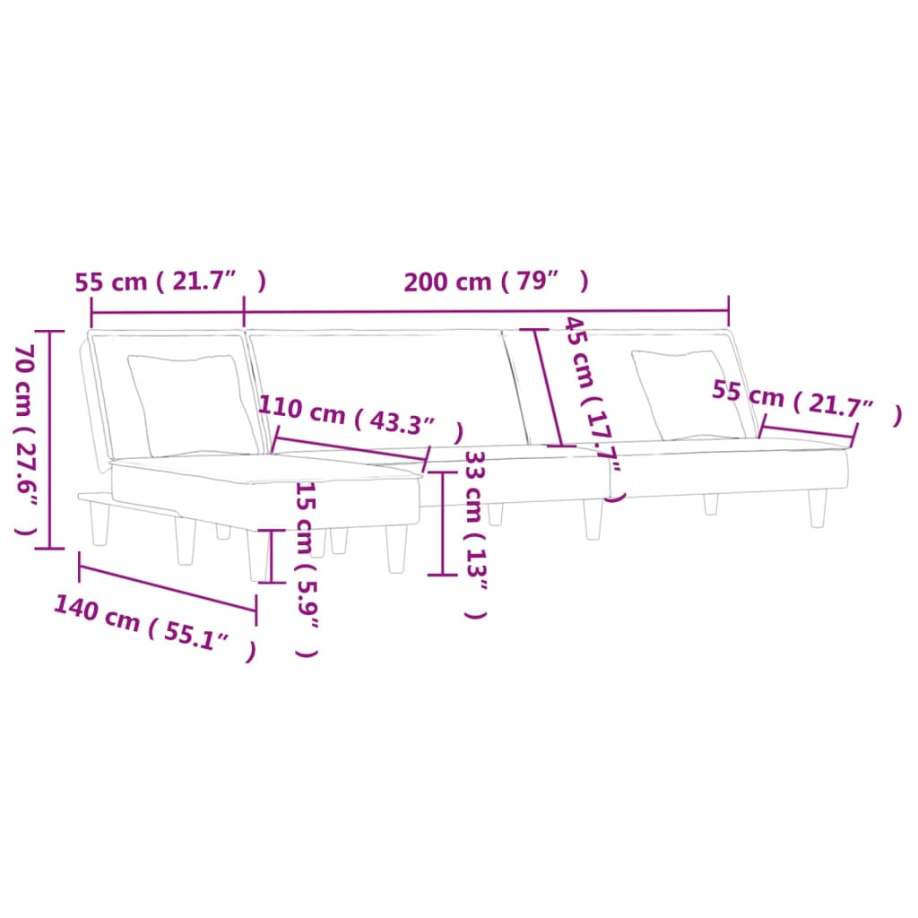 Sofá-cama em forma de L 255x140x70 cm veludo preto