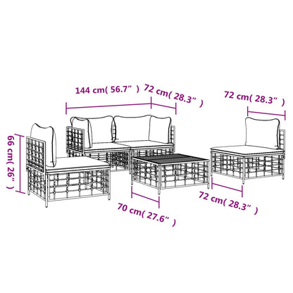 5 pcs conjunto lounge de jardim c/ almofadões vime PE antracite