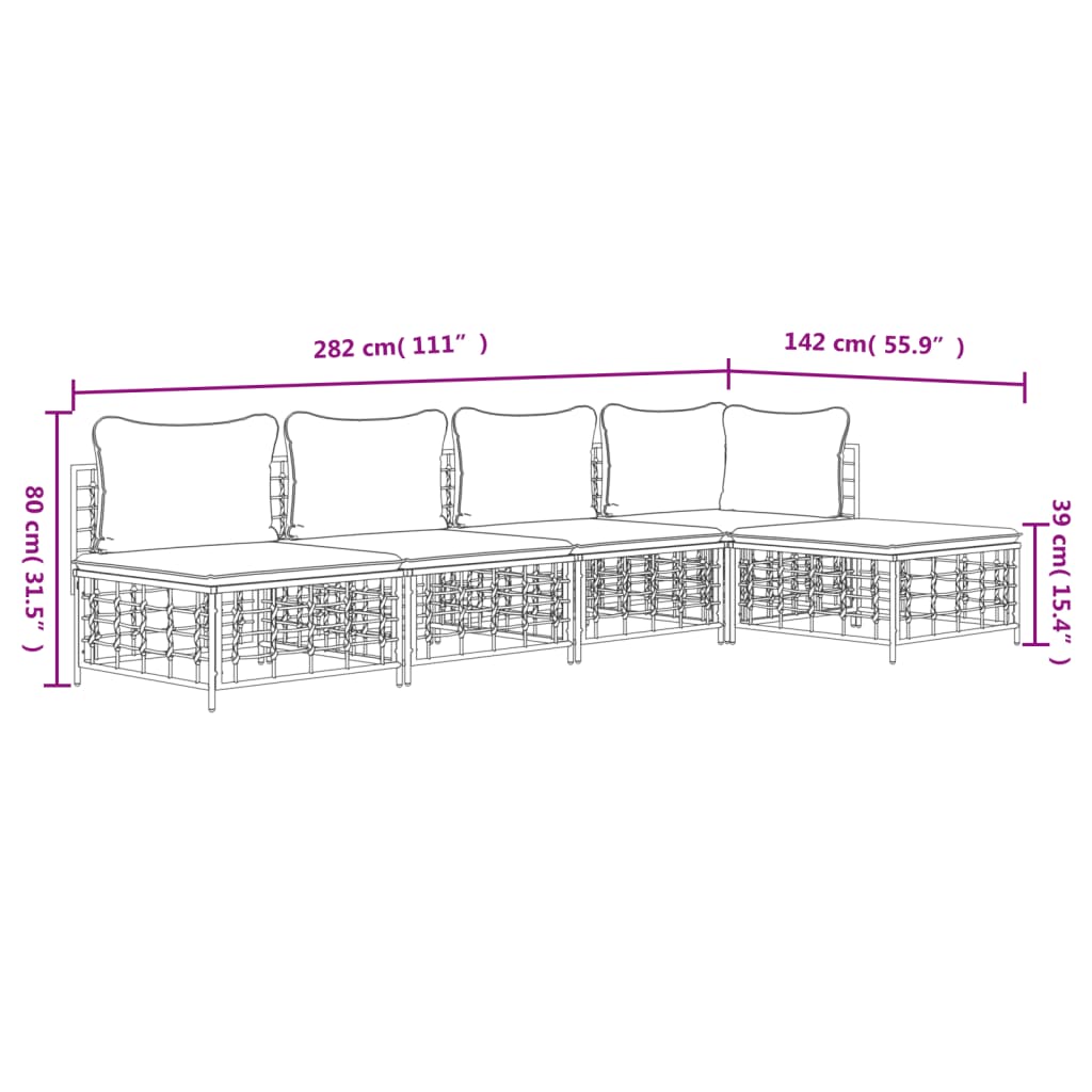 5 pcs conjunto lounge de jardim c/ almofadões vime PE antracite