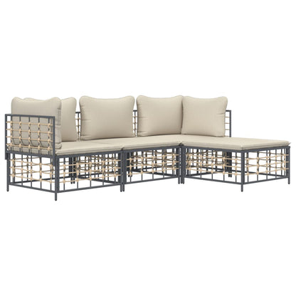4 pcs conjunto lounge de jardim c/ almofadões vime PE antracite