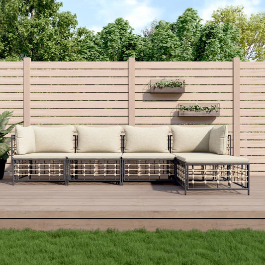 5 pcs conjunto lounge de jardim c/ almofadões vime PE antracite