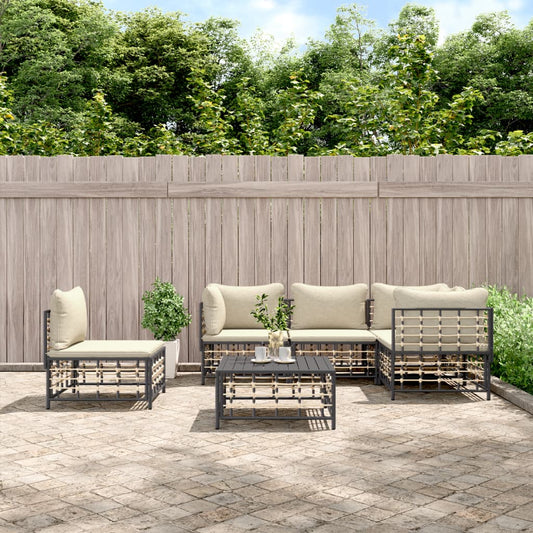 6 pcs conjunto lounge de jardim c/ almofadões vime PE antracite