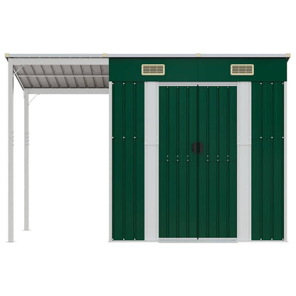 Abrigo de jardim com alpendre 277x107x181 cm aço verde