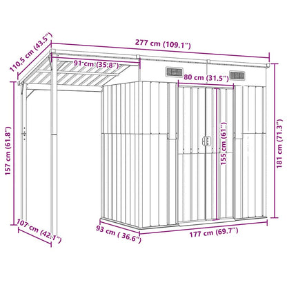 Abrigo de jardim com alpendre 277x107x181 cm aço verde