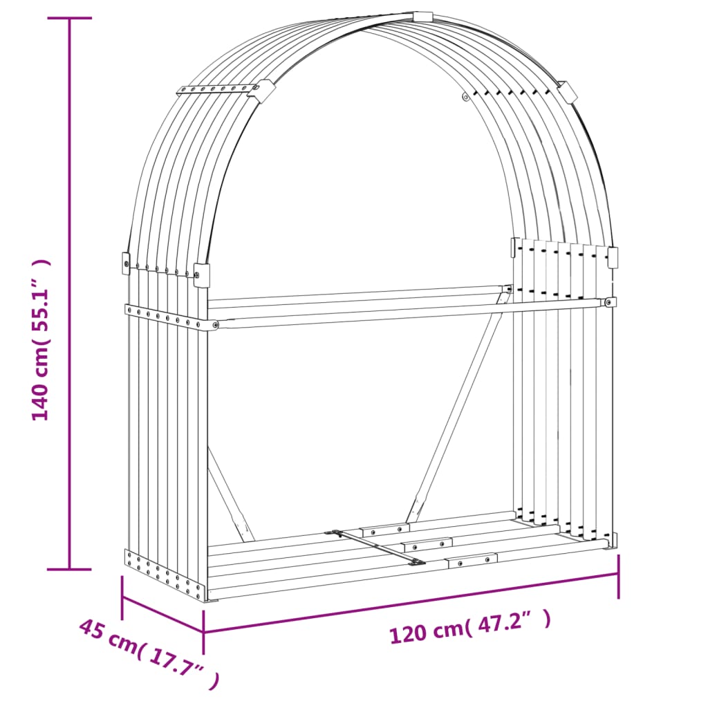 Suporte de lenha 120x45x140 cm aço galvanizado aspeto de madeira