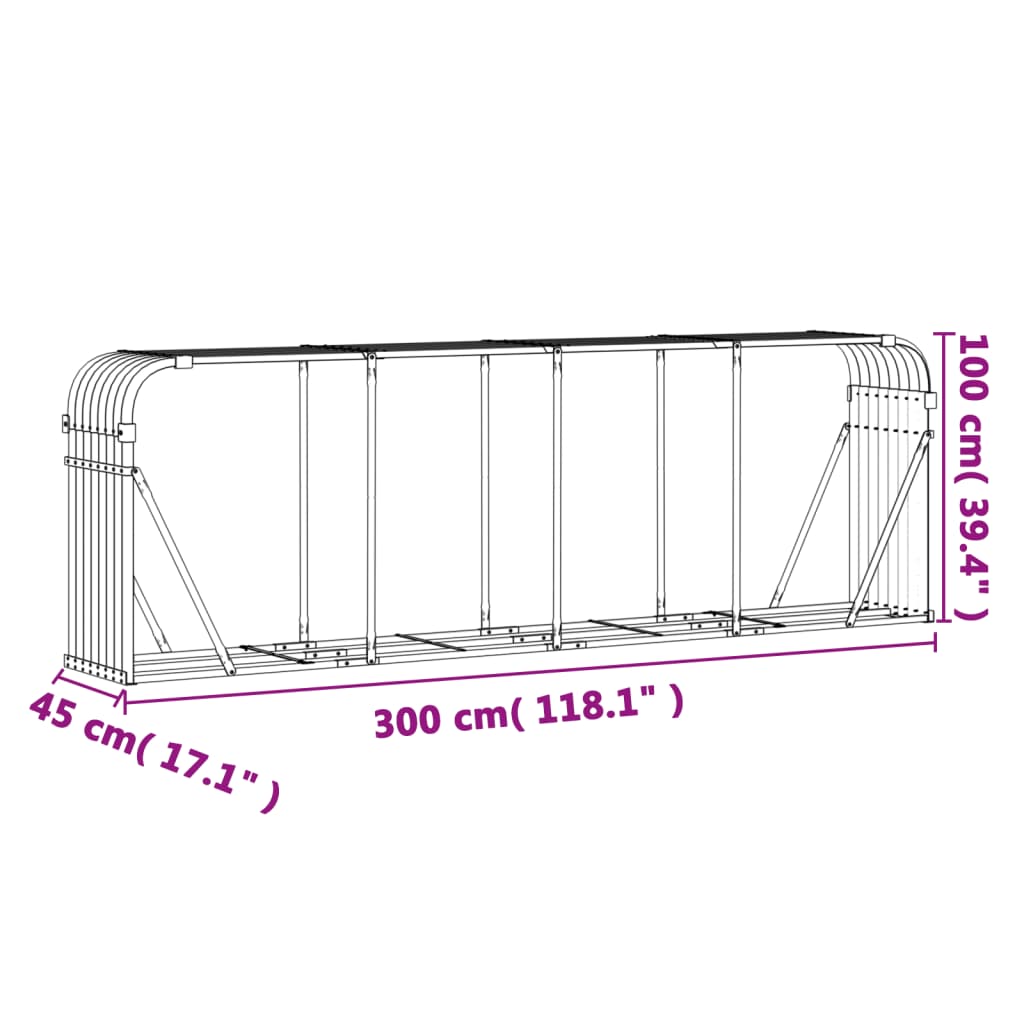 Suporte de lenha 300x45x100 cm aço galvanizado aspeto de madeira