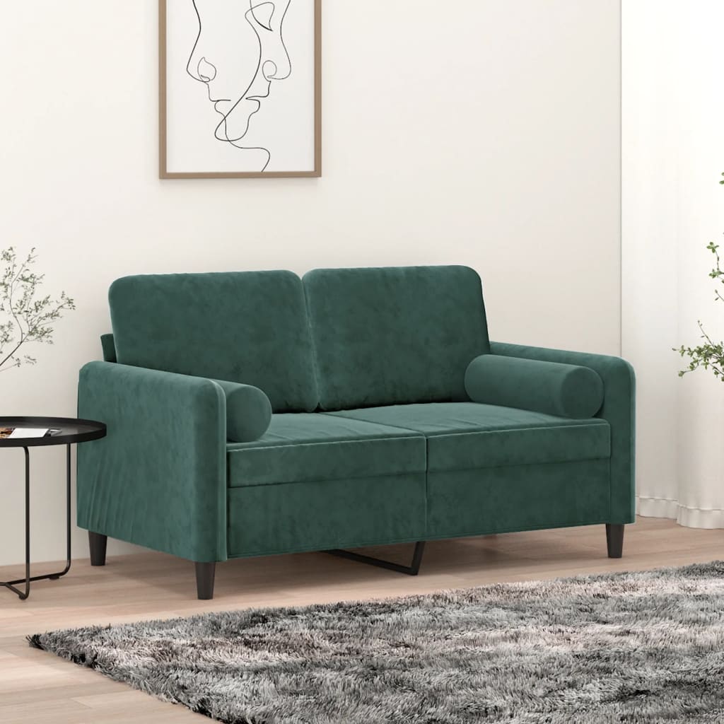 Sofá 2 lug. c/ almofadas decorativas 120 cm veludo verde-escuro