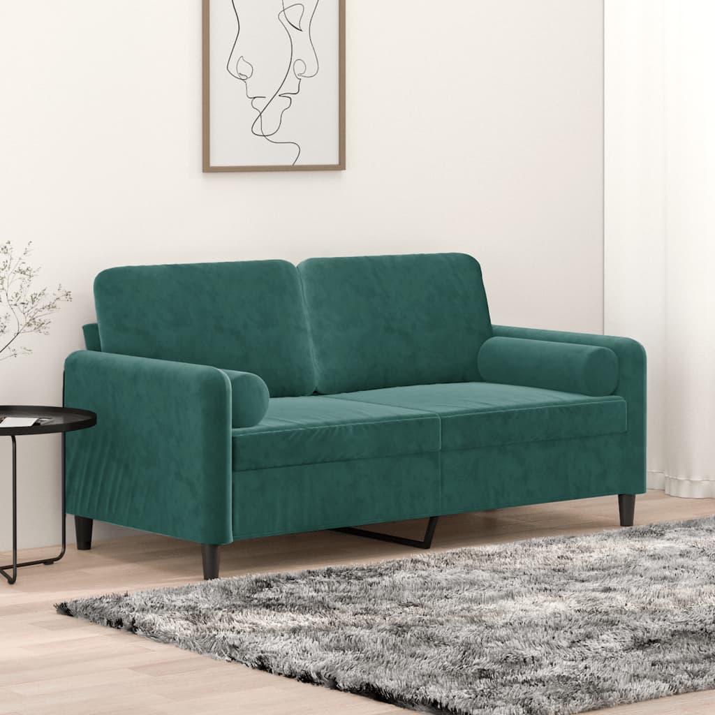 Sofá 2 lug. c/ almofadas decorativas 140cm veludo verde-escuro