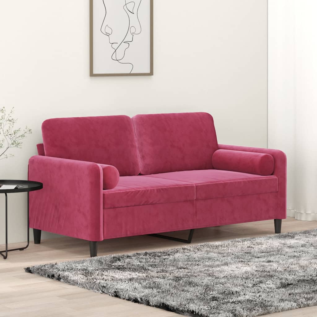 Sofá 2 lug. + almofadas decorativas 140cm veludo vermelho tinto