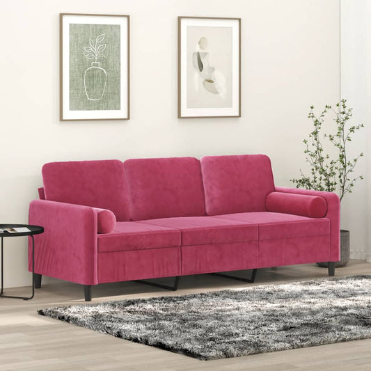 Sofá 3 lug. + almofadas decorativas 180cm veludo vermelho tinto