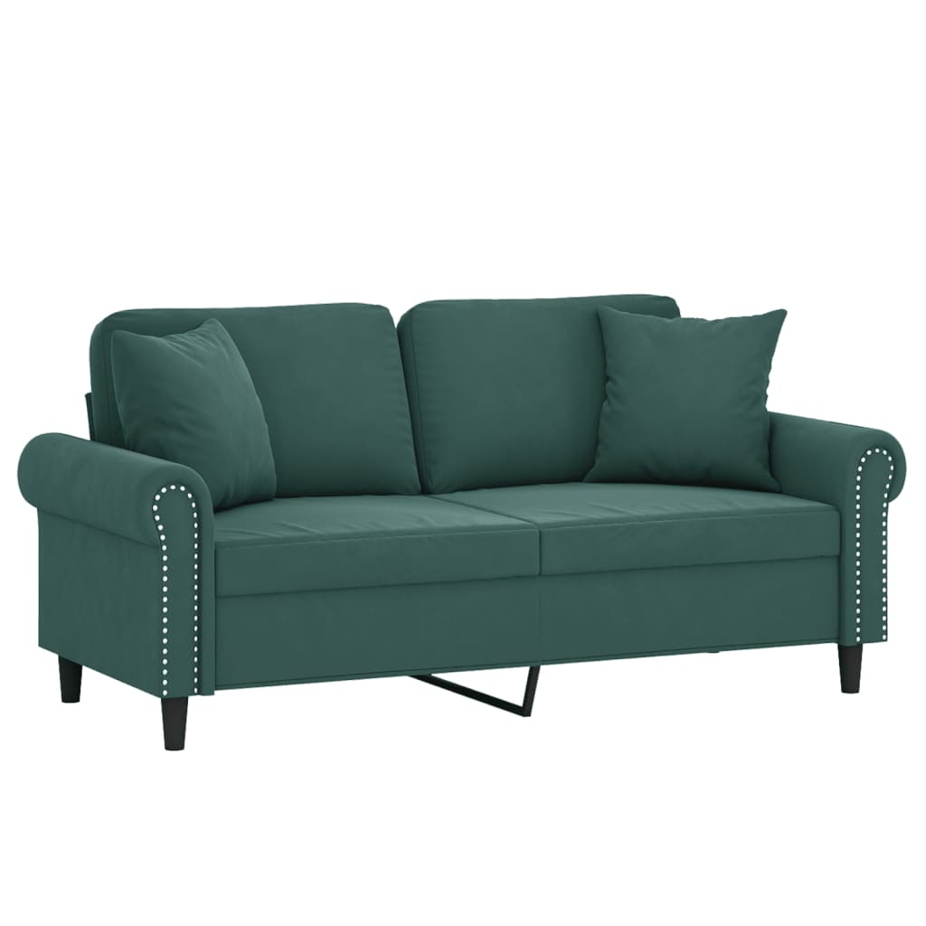 Sofá 2 lug. c/ almofadas decorativas 140cm veludo verde-escuro