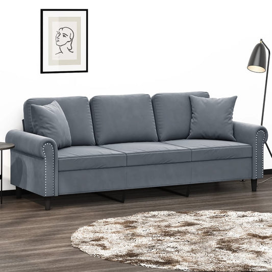 Sofá 3 lug. c/ almofadas decorativas 180 cm veludo cinza-escuro