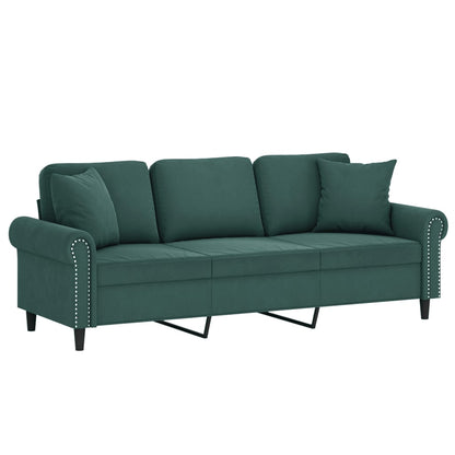 Sofá 3 lug. c/ almofadas decorativas 180 cm veludo verde-escuro