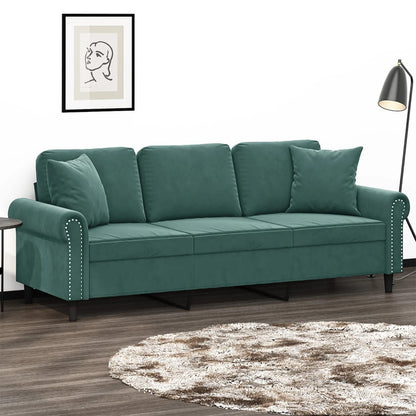 Sofá 3 lug. c/ almofadas decorativas 180 cm veludo verde-escuro