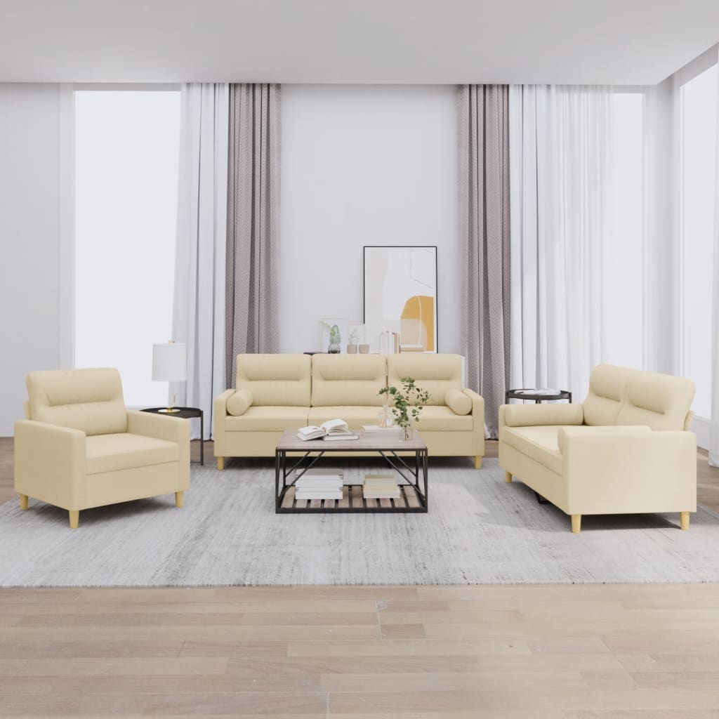 3 pcs conjunto de sofás com almofadas tecido cor creme