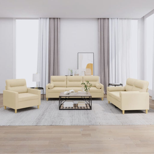 3 pcs conjunto de sofás com almofadas tecido cor creme