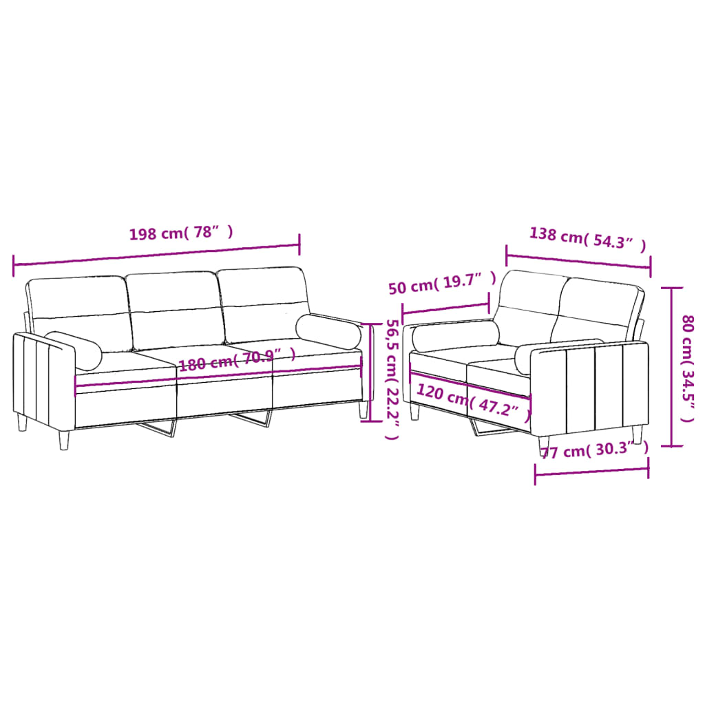 2 pcs conjunto de sofás com almofadas tecido castanho