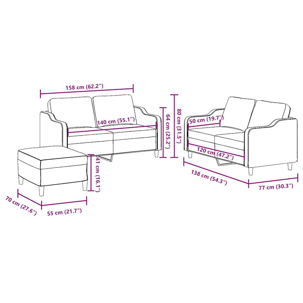 3 pcs conjunto de sofás com almofadões tecido preto