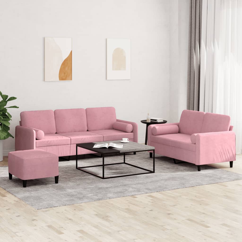 3 pcs conjunto de sofás com almofadas veludo rosa