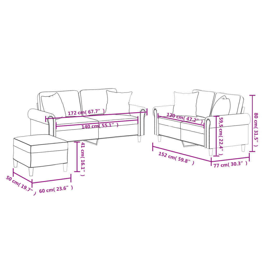 3 pcs conjunto sofás c/ almofadas couro artif. vermelho tinto