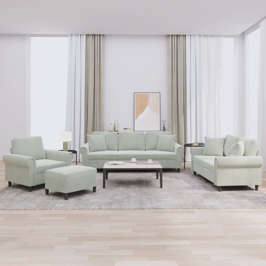 4 pcs conjunto de sofás com almofadas veludo cinzento-claro