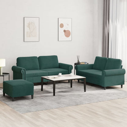 3 pcs conjunto de sofás com almofadões veludo verde-escuro