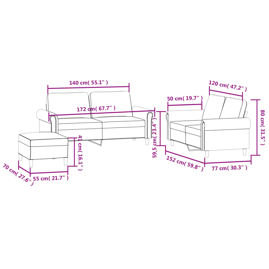 3 pcs conjunto de sofás com almofadões veludo rosa