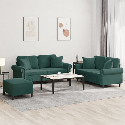 3 pcs conjunto de sofás com almofadas veludo verde-escuro
