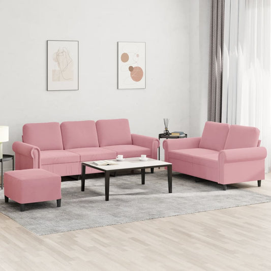 3 pcs conjunto de sofás com almofadões veludo rosa