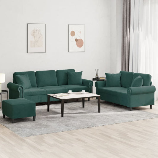 3 pcs conjunto de sofás com almofadas veludo verde-escuro